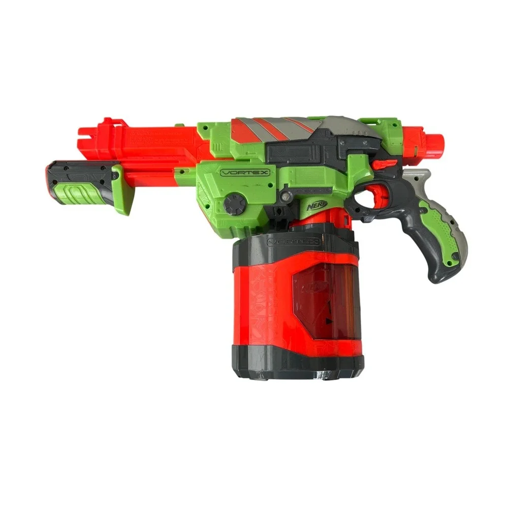 Nerf Vortex Praxis Blaster Green Orange with 40 Disc Drum Magazine Pump Action